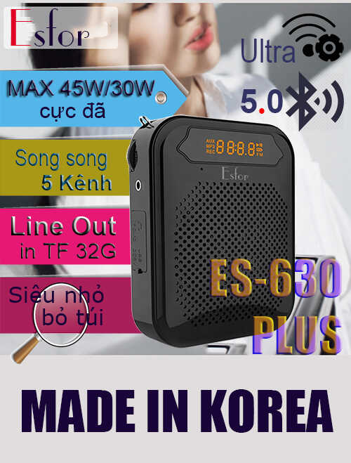 Máy trợ giảng không dây Hàn Quốc ESFOR ES-630 PLUS, Bluetooth 5.0, Line Out, 2 Mic 5 kênh song song